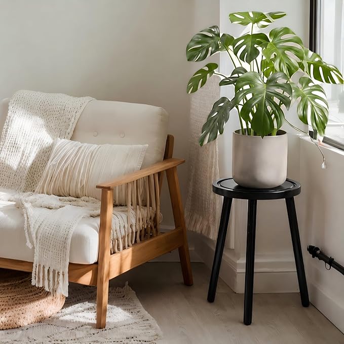Wood Plant Stands Indoor, 16.7" Tall Plant Stand Outdoor Mid-Century Plant Stool, Single Plant Table Modern Small Round Side/End Table for Living Room, Balcony, Office(Black)