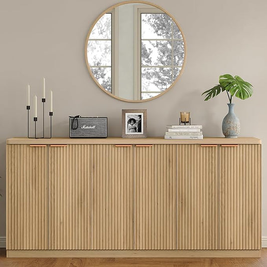 70" Large Buffet Sideboard Cabinet, Fluted Cabinet 6 Doors, Buffet Table Coffee Bar Wine Bar Storage Cabinet for Dining Room, Living Room