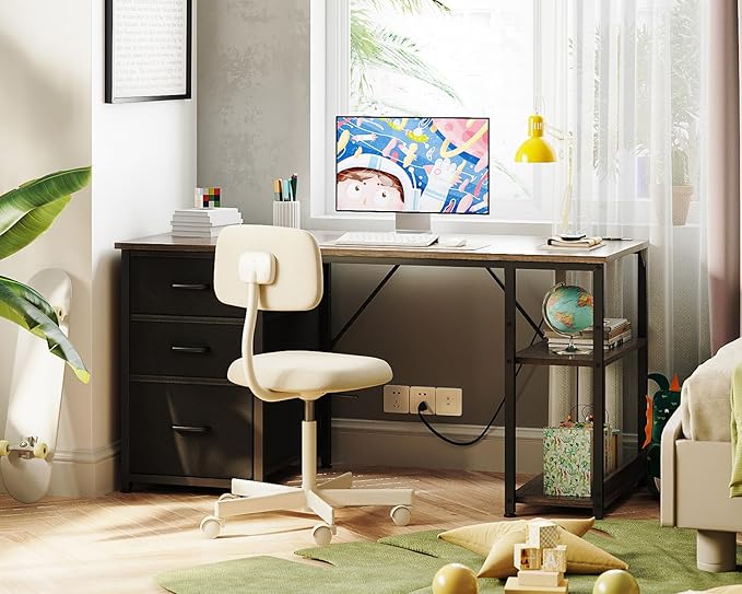 AODK 51 Inch Computer Desk with Drawers & USB Power Outlets - Reversible Home Office Desk with Storage Shelves, Work from Home, Modern Work/Writing/Study Table for Bedroom, Grey Oak