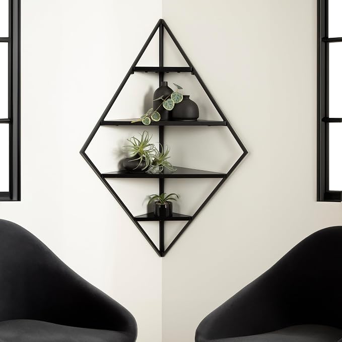 Kate and Laurel Melora Modern Glam Corner Shelf; 24 x 17 x 38; Black; Contemporary Floating Corner Shelving with Four Shelves for Living Room Decor and Storage