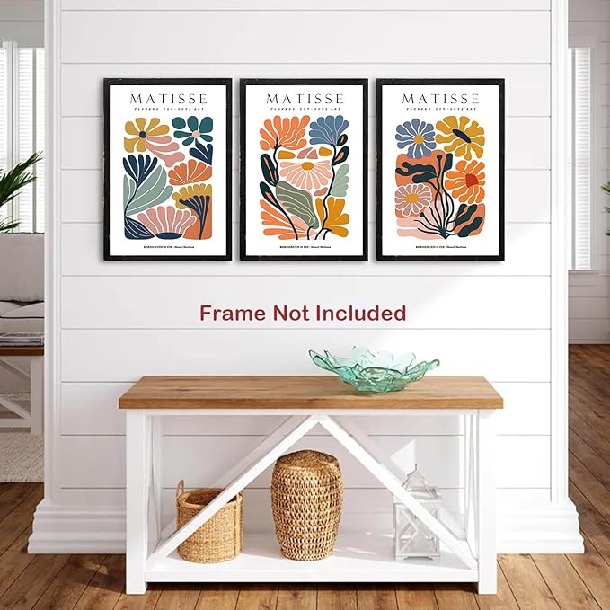 BingruiArt Matisse Wall Art Canvas Colorful Boho Flower Poster Abstract Pictures Set of 3 Minimalist Plant Leaves Painting Prints Decor Aesthetic for Living Room Bedroom Dorm 12"x16" Unframed