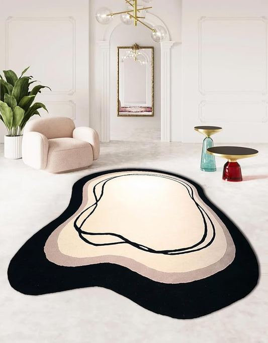 8x10 Irregular Area Rug Beige Black Curve Modern Abstract Art Washable Rug for Bedroom Diningroom Living Room Odd Shaped Rugs Minimalist Aesthetics Home Office Guestroom Stain Resistant Large Carpet