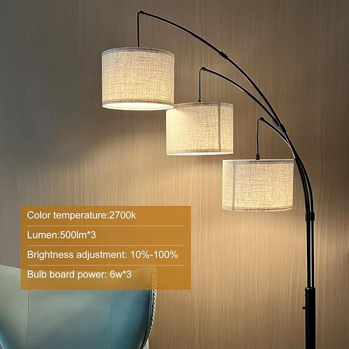 Dimmable Arc Floor Lamp, 3 Lights Floor Lamps for Living Room, 1500LM Rotary Switch Modern Tall Standing Lamp with Beige Shades & Heavy Base, Mid Century Tree Floor Lamp for Bedroom Office