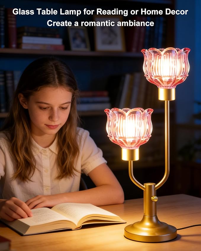 Lightdot Mid Century Modern Red Table Lamp Dimmable Vintage Gold Flower Desk Lamp Lotus Glass Nightstand Lamp 2 Bulbs Included Warmwhite Ambient Bedside Lamps for Living Room Bedroom Home Office Decor