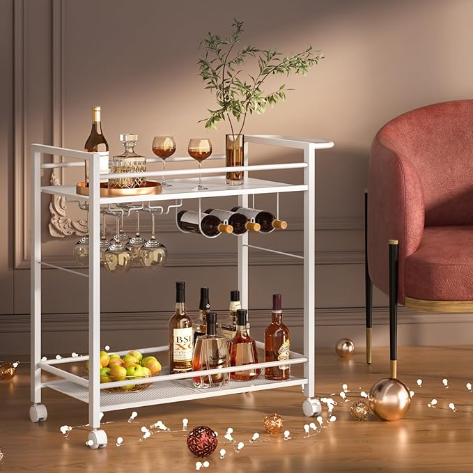 Bar Cart,Home Bar Serving Cart with Storage Shelves, 2 Tier Rolling Beverage Cart with Wheels, Modern Wine Cart with Wine Rack and Glass Holder for Kitchen, Living Room,Dinning Room,White