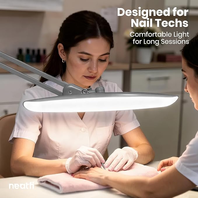 Neatfi XL Nail Desk Lamp with Clamp, 2200 Lumens, 20-Inch Wide Head, Dimmable 4 Levels, 6500K, LED Task Light for Manicure Table, Crafts, Workbench, Office (Non-CCT, Silver)