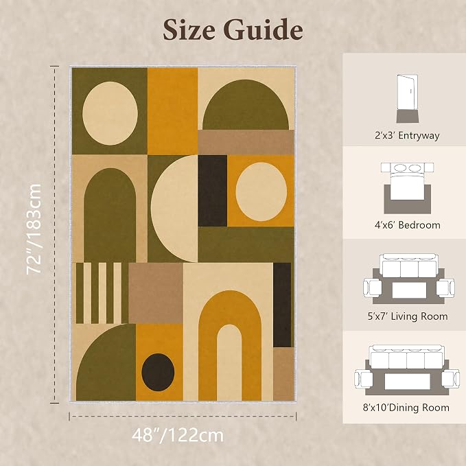 Olive Bauhaus Area Rug 4x6, Mid Century Modern Geometric Rug, Mustard Green Abstract Color Block Washable Low Pile Non Slip Rug for Living Room Bedroom