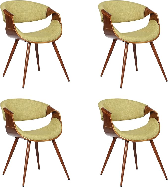Armen Living Butterfly Mid-Century Dining Chair in Walnut Finish and Green Fabric - Set of 4