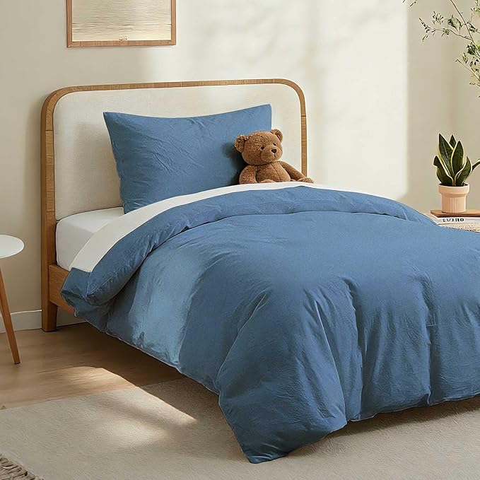 LOVQUE 100% Washed Cotton Duvet Cover Twin Size, Denim Blue Fade-Resistant Natural Bedding Set (No Comforter), 68x90 Inches