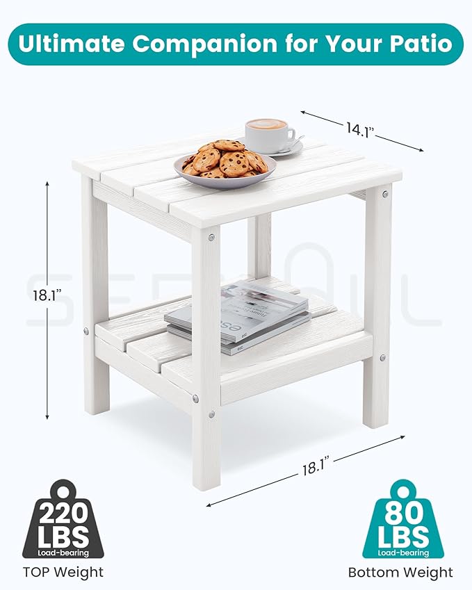 SERWALL 2-Tier HDPE Outdoor Side Tables Set of 2, Weatherproof Rectangular Adirondack Side Table, White