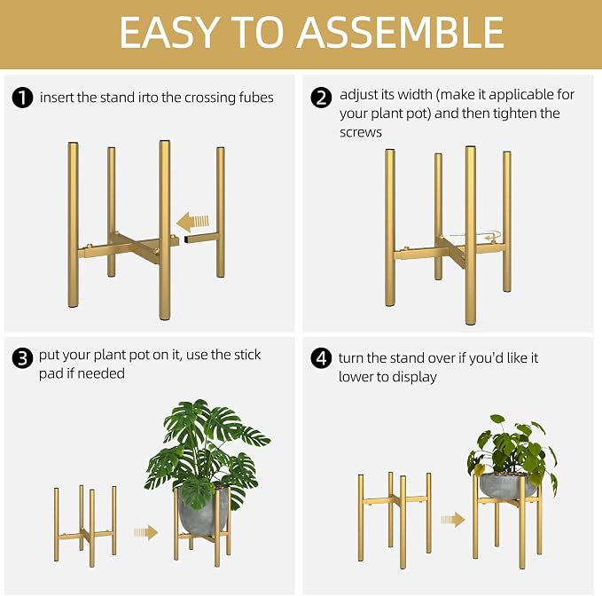 Adjustable Metal Plant Stand Indoor, Fits 8-14 Inch Pots, Mid Century Modern Gold Planter Holder,2 Heights, Heavy Duty 160 lb, Indoor Outdoor Corner Floor Pot Stand, Golden