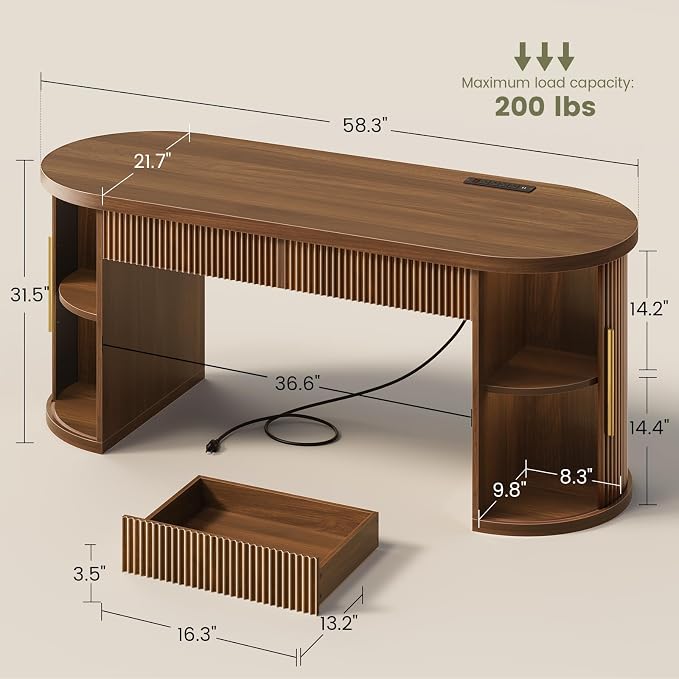 SEDETA Office Desk with 2 Drawers, 58.3" x 21.7" Fluted Long Computer Desk with 2 Sliding Doors Storage and Power Strip, Wood Executive Desk for Home Office, Living Room, Bedroom, Brown