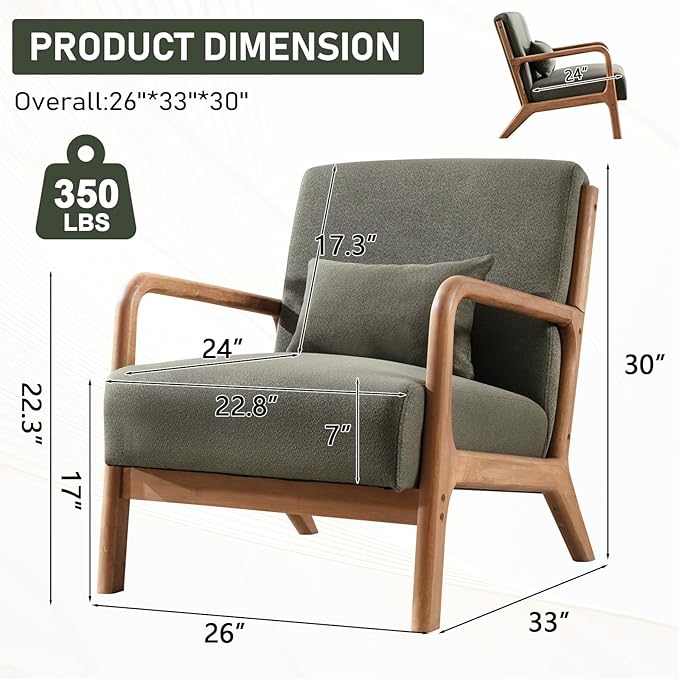 ANJ Mid Century Modern Accent Chairs Set of 2, Comfy Fabric Reading Chair with Solid Wood Frame, Easy Assembly Armchair for Living Room Blackish Green 2