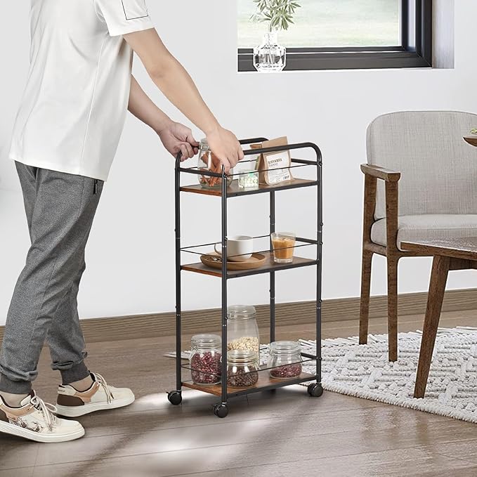 Small Bar Cart for Small Spaces, 3-Tier Slim Rolling Kitchen Cart on Wheels, Narrow Cart with Protective Fence, Industrial Mini Coffee Station for Home,Living Room,Bathroom, Rustic Brown