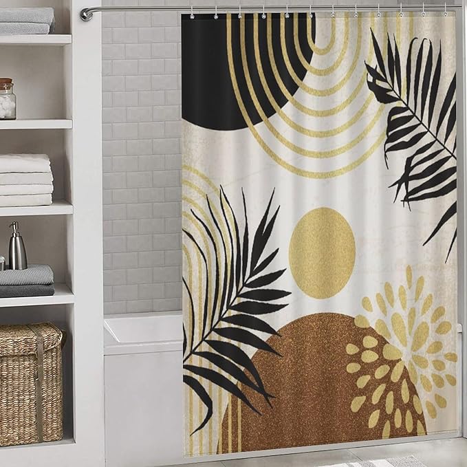 Boho Mid Century Shower Curtain Abstract Golden Dots Leaves Modern Geometric Minimalist Aesthetic Washable Waterproof Fabric for Bathroom Decor Bathtub with 12 Hooks 55x72in（140x183cm）