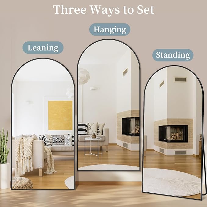 Full Length Mirror with Stand, 76"x44" Arched Full Body Mirror, Large Stand Up Mirrors, Aluminum Frame Floor Standing Mirrors, Freestanding Hanging Leaning Mounted for Bedroom Living Room Black