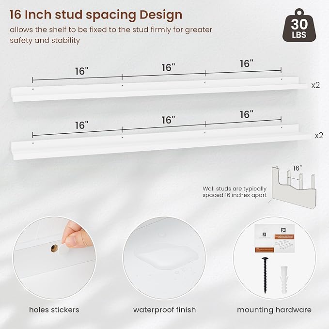 Axeman Picture Ledge Shelf | 55 Inch White Floating Shelves Set of 4 | Rustic Wood Wall Shelves with Lip | 55" White Picture Shelves for Wall with Ledge | Photo Shelves