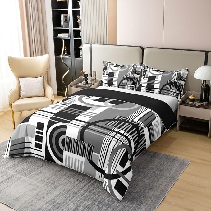 Erosebridal Art Deco Mid Century Duvet Cover Set Retro Modern Abstract Geometric 100% Cotton Comforter Cover Black and White Grey Circles Stripes King Bedding Set, Contemporary Bed Sets