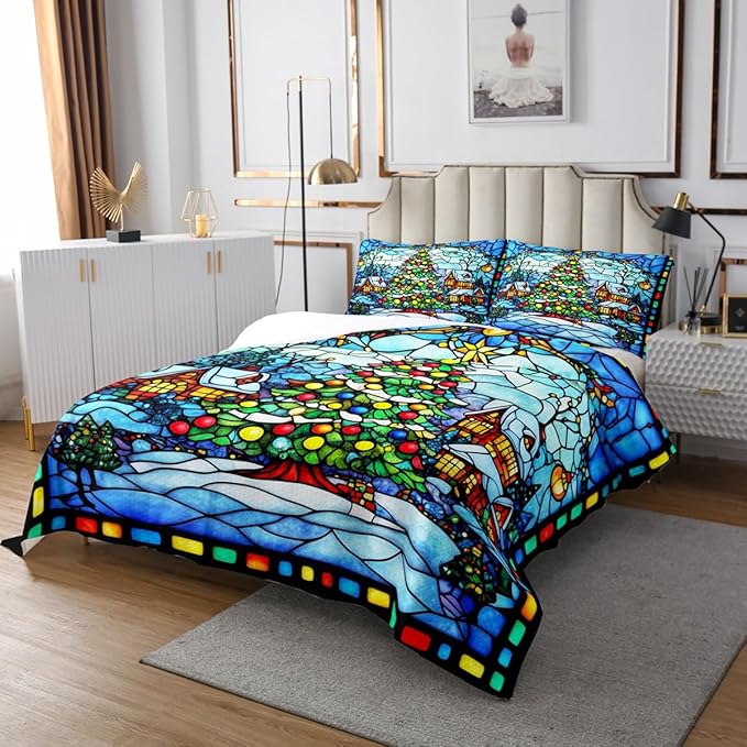Christmas Trees Bedspread Queen Size,Merry Christmas Happy New Year Snowflake Coverlet Set,Boys Girls Room Decor,Rustic Farmhouse Cabin Pine Quilted Coverlet,Blue Xmas Bedding Quilt,2 Pillowcases