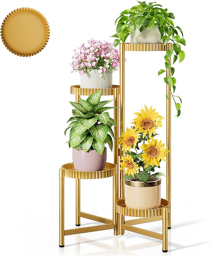 Stand Plants, 4 Tiers Metal Tiered Plant Stands for Outdoor Indoor,Heavy Duty Flower Pot Stands for Multiple Plants,Decoration Floding Tall Display Racks for Patio Porch -GoldFloroma