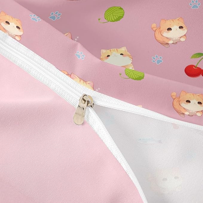 Erosebridal Pink Kitten Toddler Bedding Set Cute Pet Cats Animals Duvet Cover Cherry Comforter Cover for Kids Girls Boys Adults Cat Paw Print Bed Set