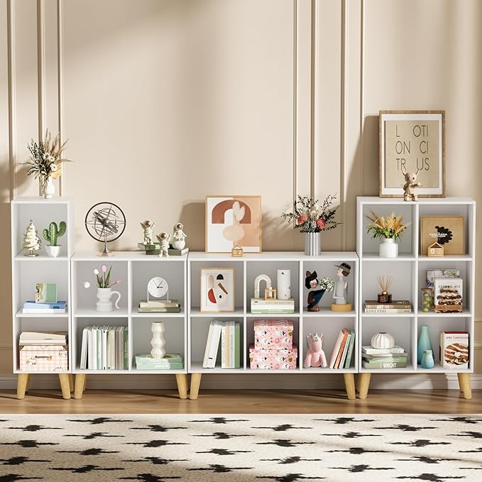 6 Cube Storage Organizer with Legs, 2 Tier Cube Low Bookcase Freestanding Storage Display Organizer for Home Office, Six-Cubes Open Shelf Bookshelf (White, 6 Cube Horizontal)
