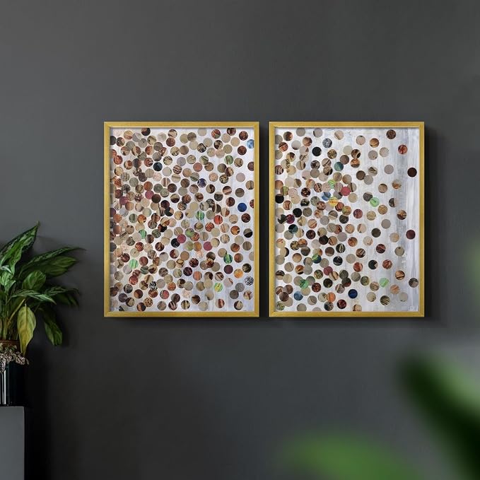 Renditions Gallery Set of 2 Peel & Stick Framed Prints, Textured Abstract Wall Art, Scattered Circular Cutouts Wall Decor, Re-Stickable - Ready to Hang - 22"x28" - GOLD Frame LT588