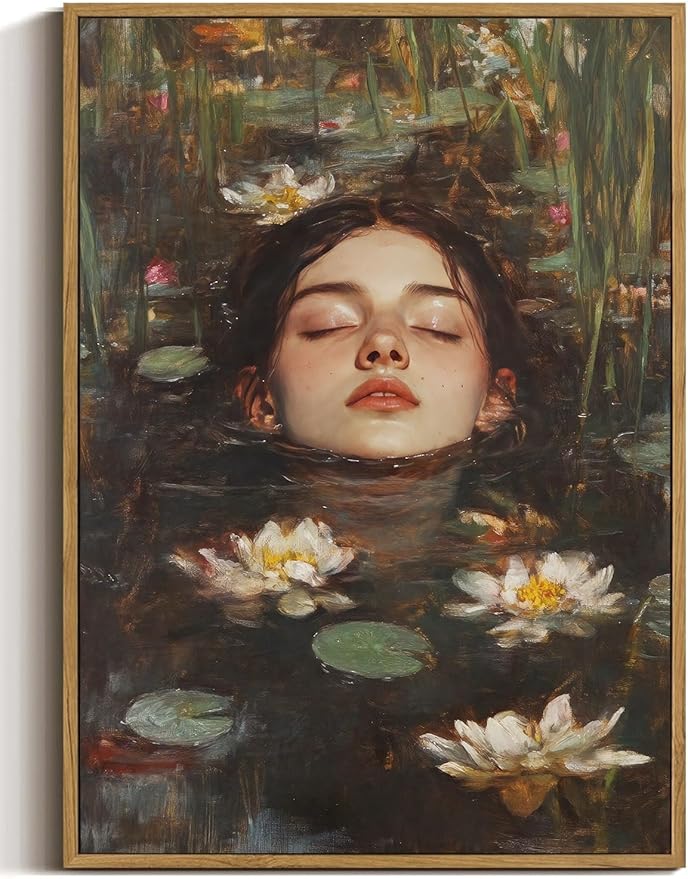 WALLZK Vintage Framed Wall Art Lotus Pool Canvas Prints Woman Portrait Artistic Painting Decor Artwork for Walls Living Room Bedroom Bathroom 8"x10"