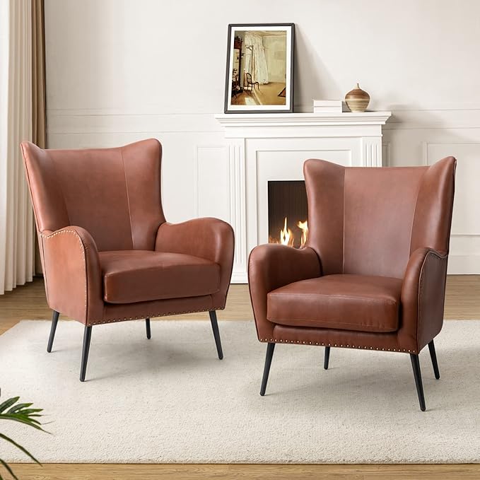 HULALA HOME Faux Leather Accent Chair Set of 2 with Removable Cushion, Comfy Upholstered Armchair with Metal Legs & Nailhead Trim Wingback Vanity Chair for Reading Living Room Bedroom, Brown