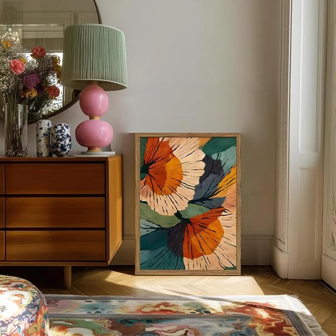 Framed Abstract Floral Wall Art, Boho Vintage Flower Pictures Wall Decor, Mid Century Modern Botanical Paintings Canvas Prints for Living Room Bedroom Office 16x24 inch