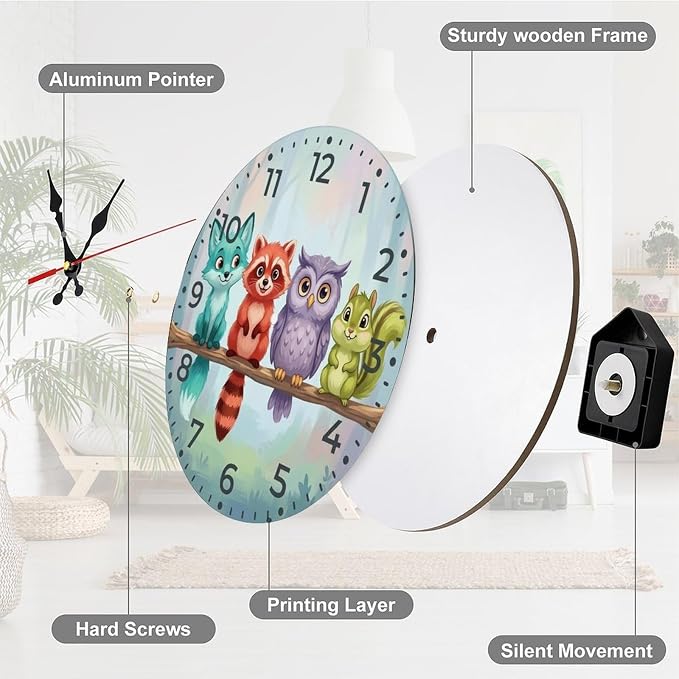 Cute Woodland Animals Wooden Wall Clock Silent Non-Ticking Quartz Battery Operated for Kids Bedroom, Nursery Room Decor, Playroom & Office Gift (10/12 Inch)