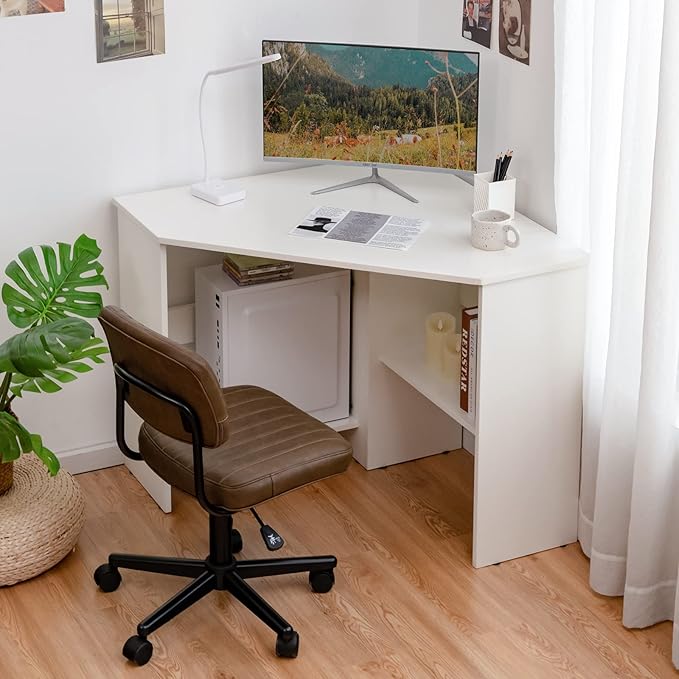 LDAILY Corner Desk, Space Saving 90 Degree Triangle Computer Desk with Storage Shelves & Cable Holes, Wood Compact Corner Writing Table for Small Spaces, Home Office, Bedroom & Living Room, White