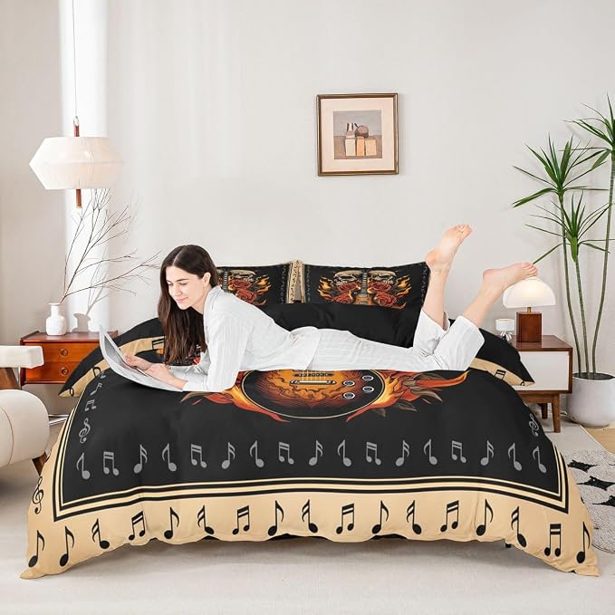 Erosebridal Guitar Rose Duvet Cover King for Teens Boys - Floral Gothic Skull Flame Bedding Set Punk Rock Roll Music Comforter Cover,Vintage Musical Notes Bed Set