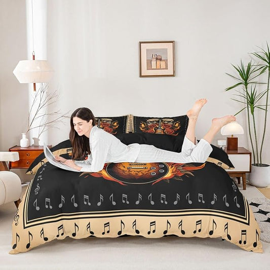 Erosebridal Guitar Rose Duvet Cover King for Teens Boys - Floral Gothic Skull Flame Bedding Set Punk Rock Roll Music Comforter Cover,Vintage Musical Notes Bed Set