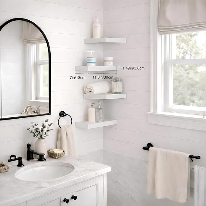 Floating Shelves for Wall, White Small 11.8" Bathroom Wall Shelves and Floating Shelf for Storage, Display and Decor, Ideal Over Toilet, Bedroom or Living Room, 2-Pack