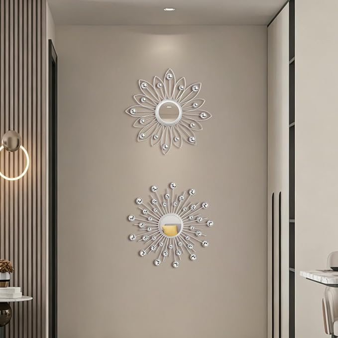 2 Pack Metal Mirrors for Wall Boho Sunburst Wall Mirror Home Decor Modern Decorative Wall Art for Bedroom Living Room Entryway