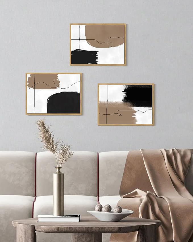 KUVIOKE Neutral Abstract Framed Wall Art Beige Mid Century Textured Wall Decor Minimalist Line Modern Illustrations Art Print for Living Room Bedroom 12x16in (Natural Framed)
