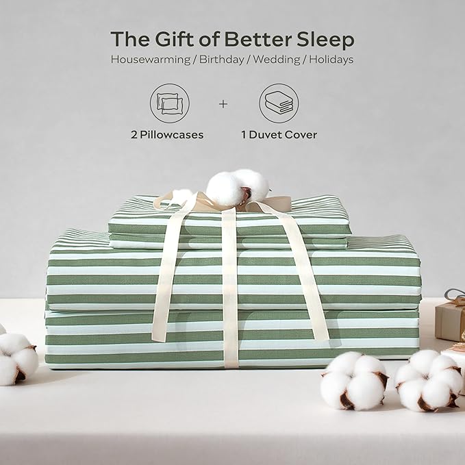 JELLYMONI Striped Duvet Cover Set - King Size Comforter Cover, Classic Green & White Stripes, 100% Cotton 3 Pcs Bedding with Zipper Closure & 8 Corner Ties for Master or Guest Bedroom
