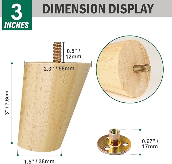 FoDau770 Rubber Wood Furniture Legs 3 Inches, Slant Tapered Wood Feet Mid Century Sofa Legs Set of 8, 5/16" UNC Furniture Feet Replacement Parts for Cabinet Couch Dresser Chair Ottoman Table