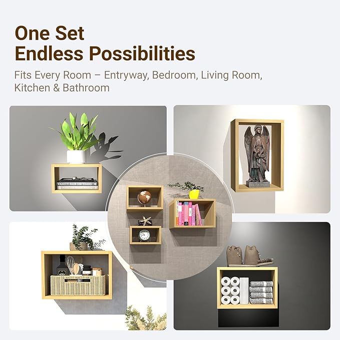 Premium Light Oak Floating Cube Shelves, Eco-Friendly Wood Box-Style Wall Storage Display Set of 3 — Pre-Assembled, Ready to Use, Modern Decorative Wall Shelf Units for Living Room, Bedroom & Office