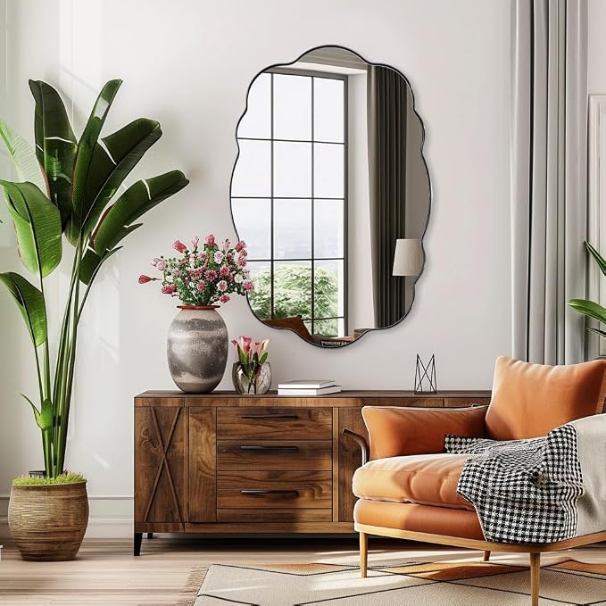 ANDY STAR Matte Black Scalloped Wall Mirror -22x30 Inch Wavy Oval Bathroom Mirror for Vanity, Living Room & Entryway, Anti Rust Stainless Steel Wall Mount Horizontal or Vertical