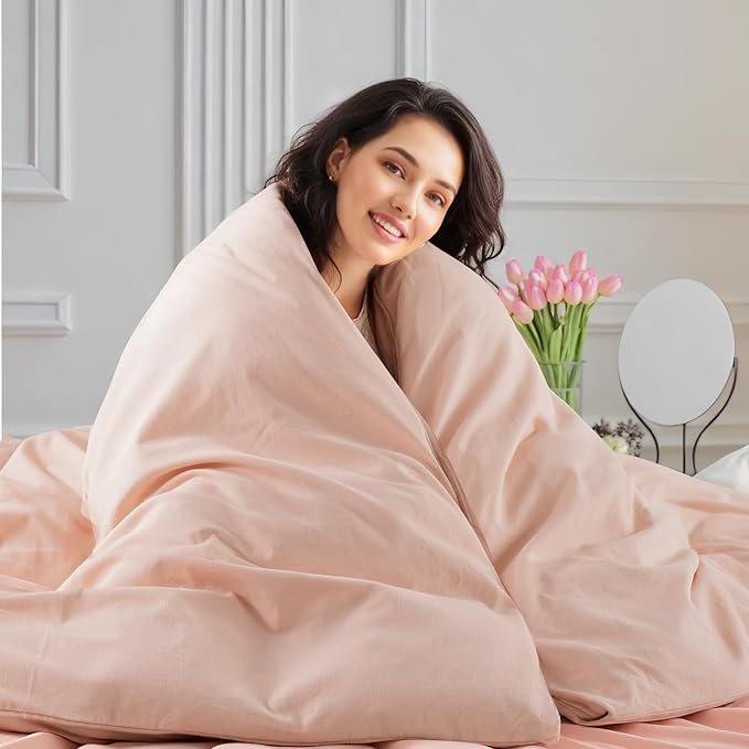 NEXHOME PRO Duvet Cover Set 100% Washed Cotton Oversized King 120"x98" Linen Feel Textured Organic Natural 3 Pieces Bedding with Zipper Closure and Corner Ties, Breathable, Dusty Pink (No Comforter)