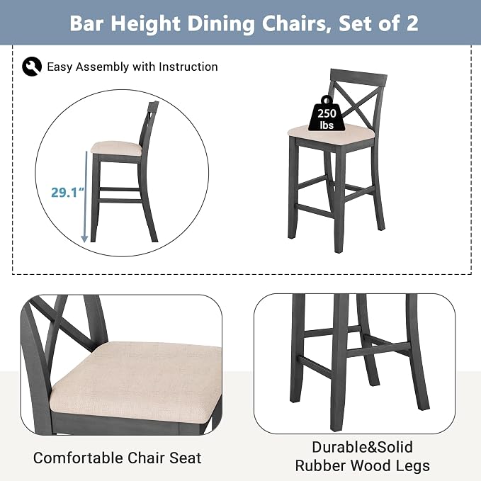 VilroCaz Farmhouse 3-Piece Counter Height Wood Kitchen Dining Sets, Home Bar Pub Kitchen Breakfast Set, 48'' Long Bar Table with 2 Upholstery Chairs for Small Places (Gray-I)