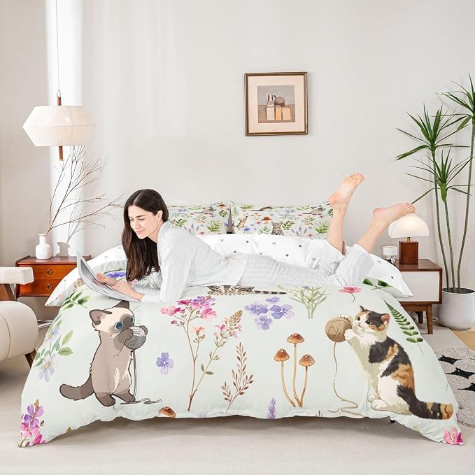 Erosebridal Cute Cat Duvet Cover Queen Kitten Cat Lovers Bedding Set Pale Green Boho Watercolor Floral Comforter Cover for Kids Girls Boys Adults Funny Pet Animal Bed Set