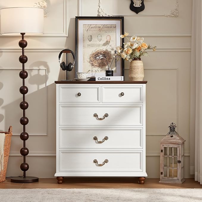Farmhouse 5 Drawer Dresser for Bedroom, 35" Tall Rustic Chests of Drawers w/ 4 Solid Wood Feet, Mid Century Modern Wooden Closet Storage Dressers Organizer for Living Room, Hallway,White