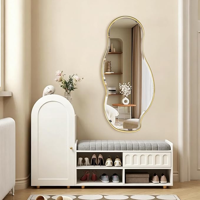 POZINO Irregular Beveled Mirror, 40"x18" Asymmetrical Vanity Wall Mirror with Gold Metal Frame, Organic Shape Mirrors for Bathroom Entryway Bedroom Hallway, Horizontal/Vertical Hanging