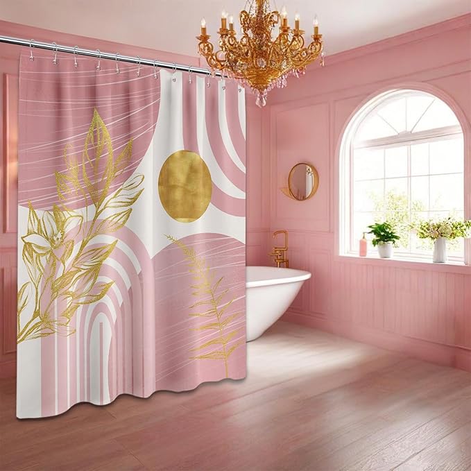 Blush Pink and Gold Shower Curtain Boho Mid Century Light Pink and White Shower Curtains for Bathroom Decor, Waterproof Cloth Fabric with Hooks, 70" W x 84" L