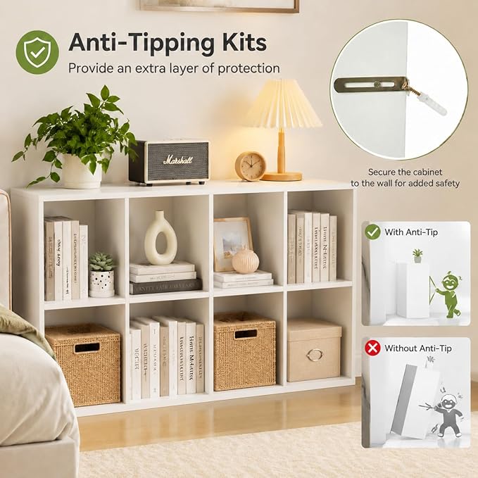 POWERSTONE 8 Cube Storage Organizer, Open Cube Bookshelf with Back Panels, Modern Display Cubby Bookcase for Bedroom Living Room Home Office, White