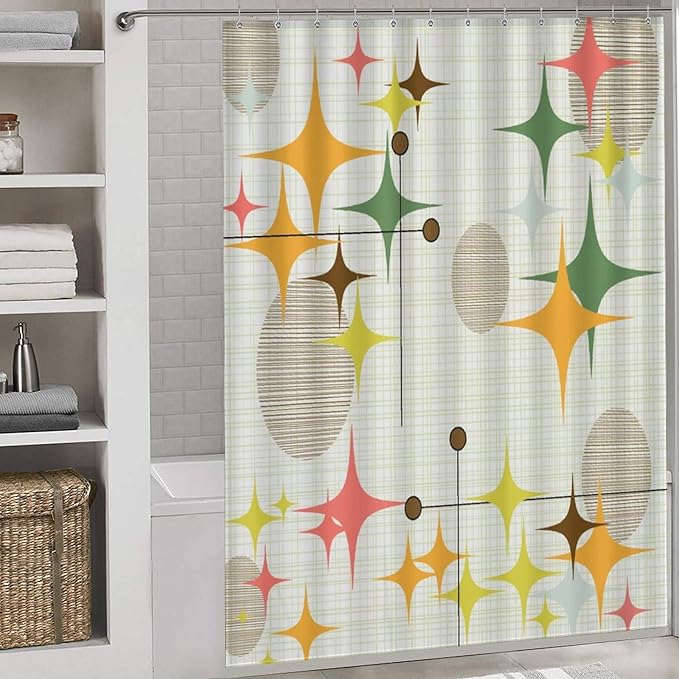 Mid Century Modern Shower Curtain for Bathroom, Rustic Pink Orange Stars Abstract Geometric Atomic Vintage 1950s 1960s Waterproof Fabric Shower Curtain Set with Hooks, 72"x72"
