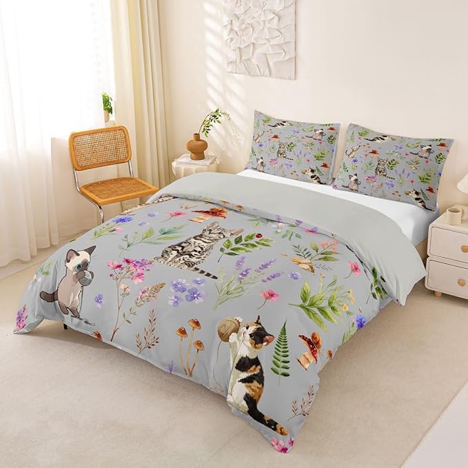 Erosebridal Cute Cat Duvet Cover King Lovely Kitten Cat Lovers Bedding Set Boho Watercolor Floral Comforter Cover for Kids Girls Boys Adults Kawaii Pet Animal Bed Set